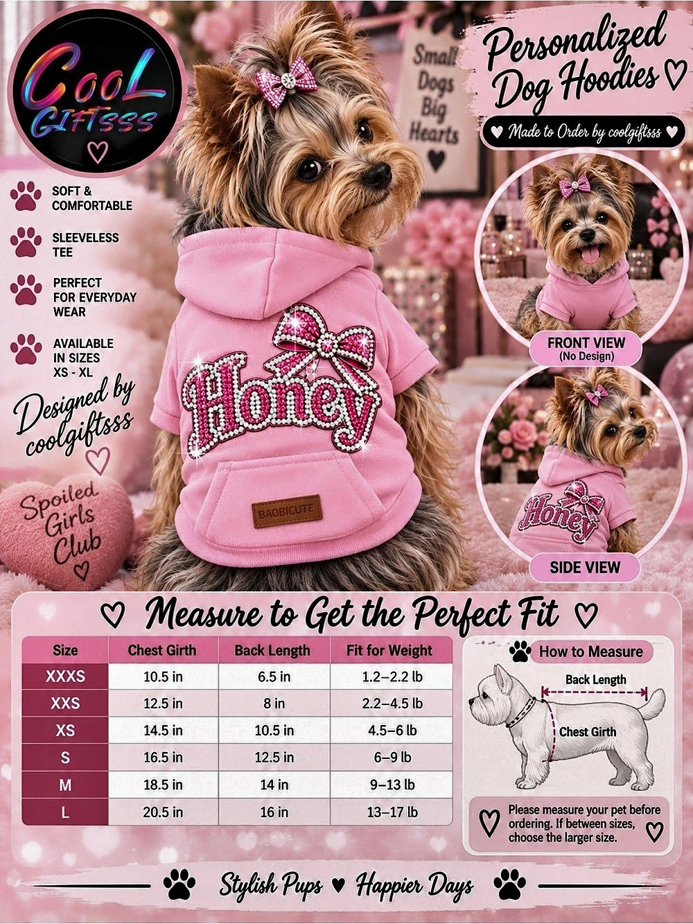 CoolGiftsss Personalized Rhinestone Honey Dog Hoodie Pink